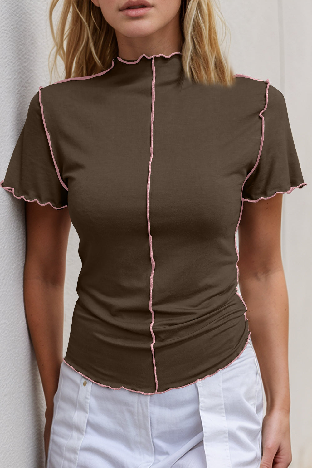 Basic Bae Contrast Trim Mock Neck Short Sleeve T-Shirt - Trandify Deal