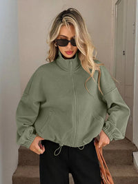 Women's Ribbed Drawstring Jacket - Casual Long Sleeve Zip-Up