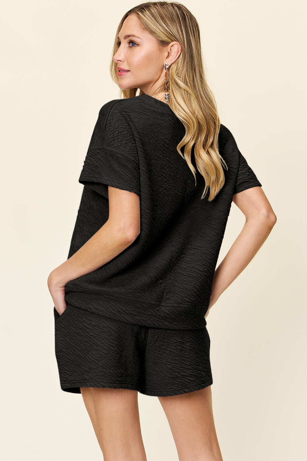 Double Take Full Size Texture Short Sleeve T-Shirt and Drawstring Shorts Set - Trandify Deal