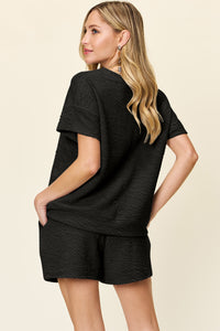 Double Take Full Size Texture Short Sleeve T-Shirt and Drawstring Shorts Set - Trandify Deal