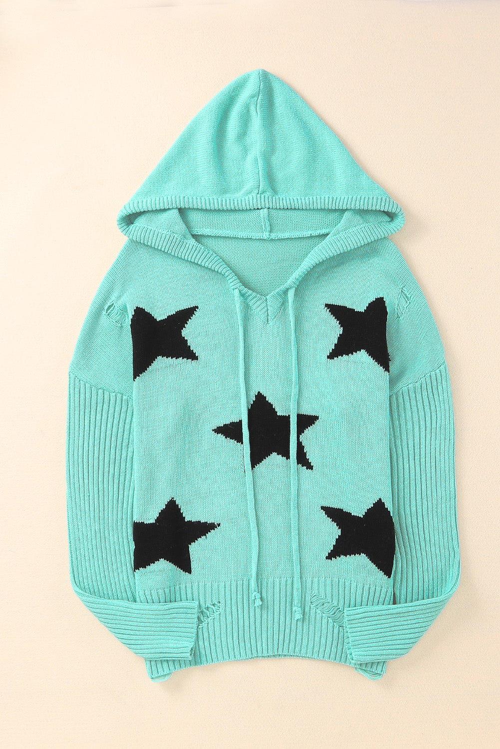 Distressed Drawstring Long Sleeve Hooded Sweater Trandify Deal