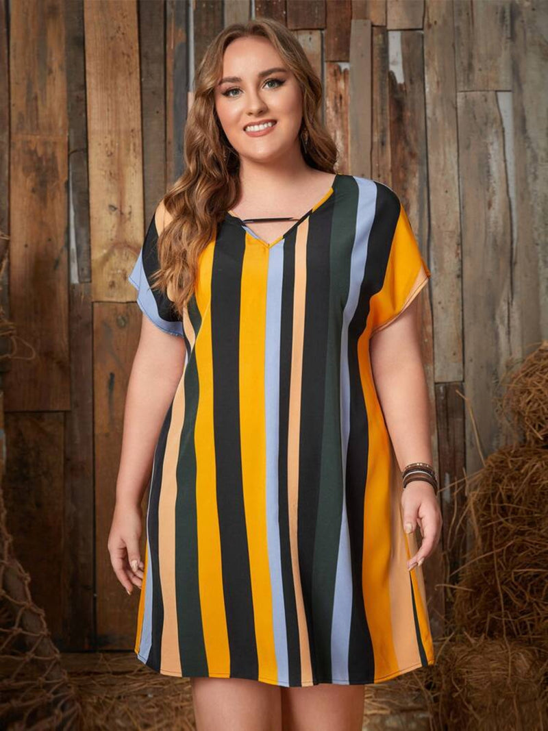 Plus Size Striped Short Sleeve Mini Dress Trandify deal