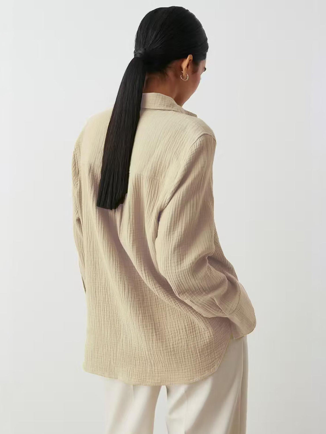 Textured Collared Neck Long Sleeve Shirt Trandify deal