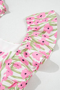 Floral Print Square Neck Ruffled Cap Sleeve Maxi Dress - Trandify deal