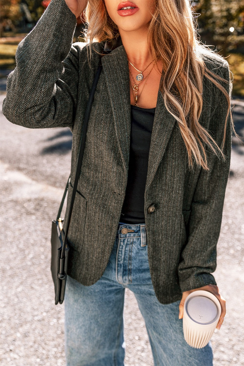 Pocketed Buttoned Long Sleeve Blazer Trandify Deal