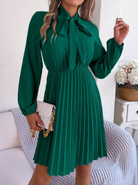 Tie Neck Balloon Sleeve Pleated Dress Trandify deal