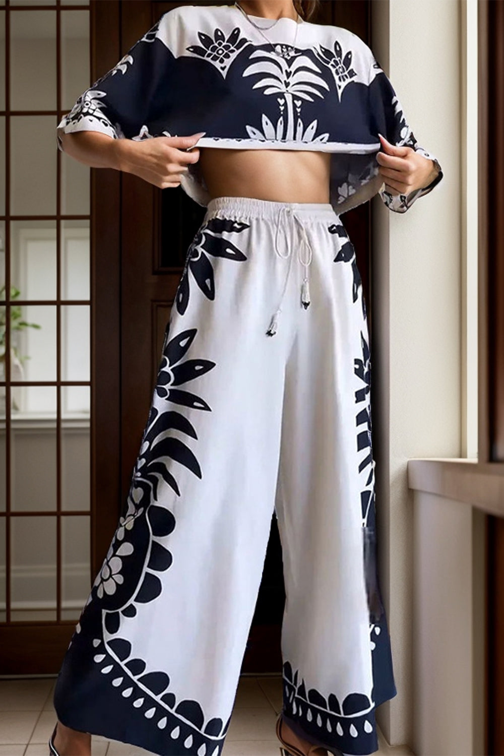Printed Half Sleeve Top and Wide Leg Pants Set Trandify Deal