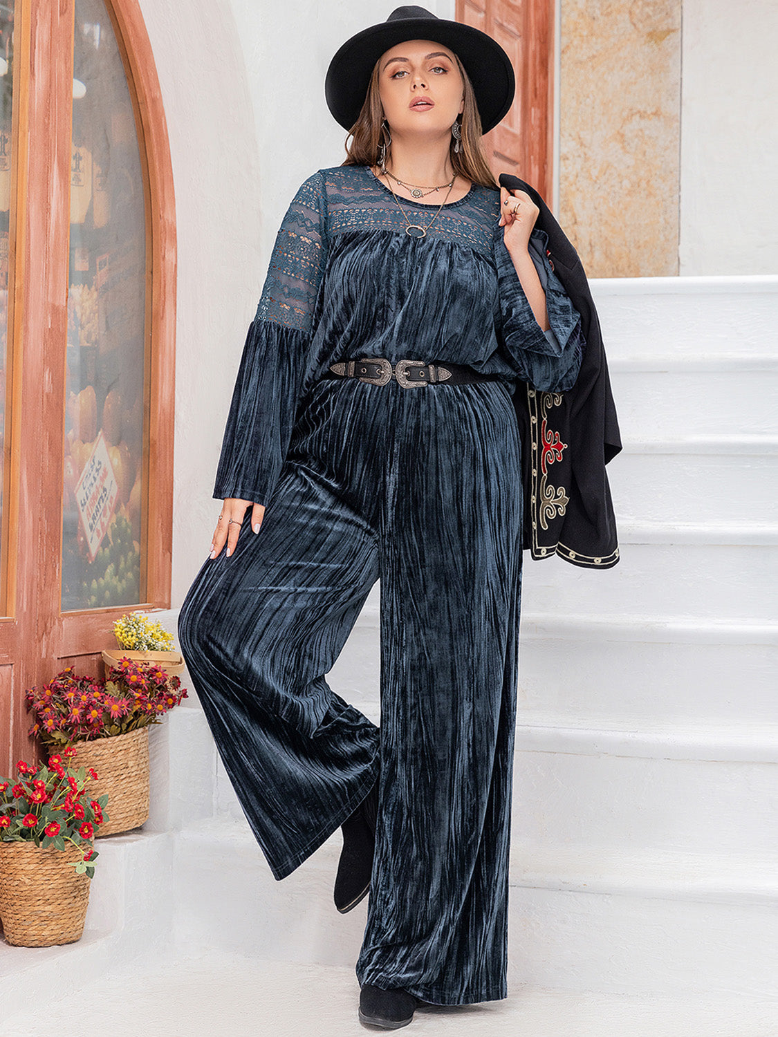 Plus Size Round Neck Flare Sleeve Top and Pants Set Trandify deal