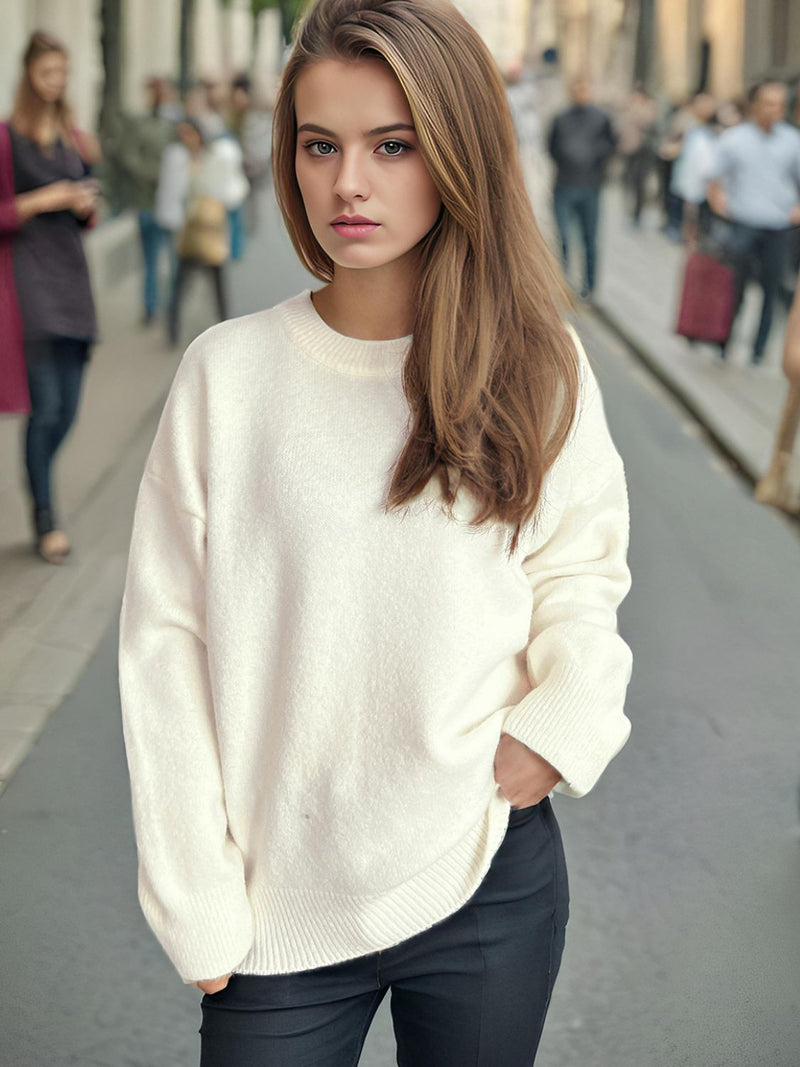 Round Neck Dropped Shoulder Long Sleeve Sweater Trandify Deal