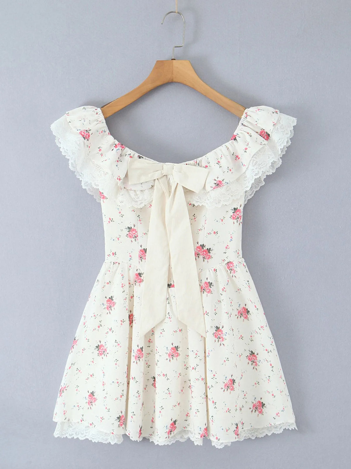 Women's Off-Shoulder Floral Lace Mini Dress – Boho Summer Party Dress