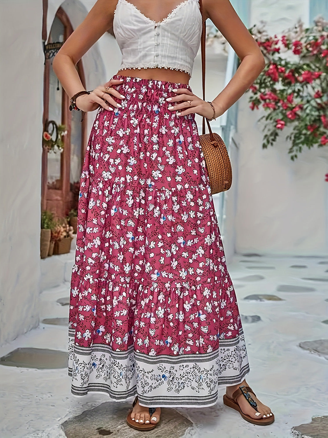 Full Size Tiered Printed Elastic Waist Skirt Trandify deal