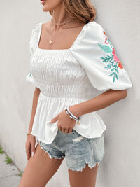 Summer Women’s Fashion – Smocked Square Neck Embroidered Blouse