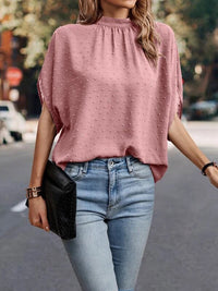 Swiss Dot Mock Neck Half Sleeve Blouse Trandify deal