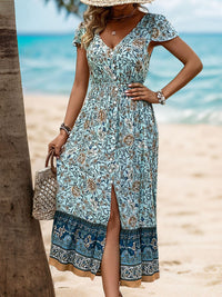 Perfee Backless Slit Printed Short Sleeve Dress Trandify deal