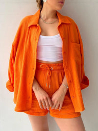Trendy linen-blend two-piece set for women, stylish matching shirt and shorts