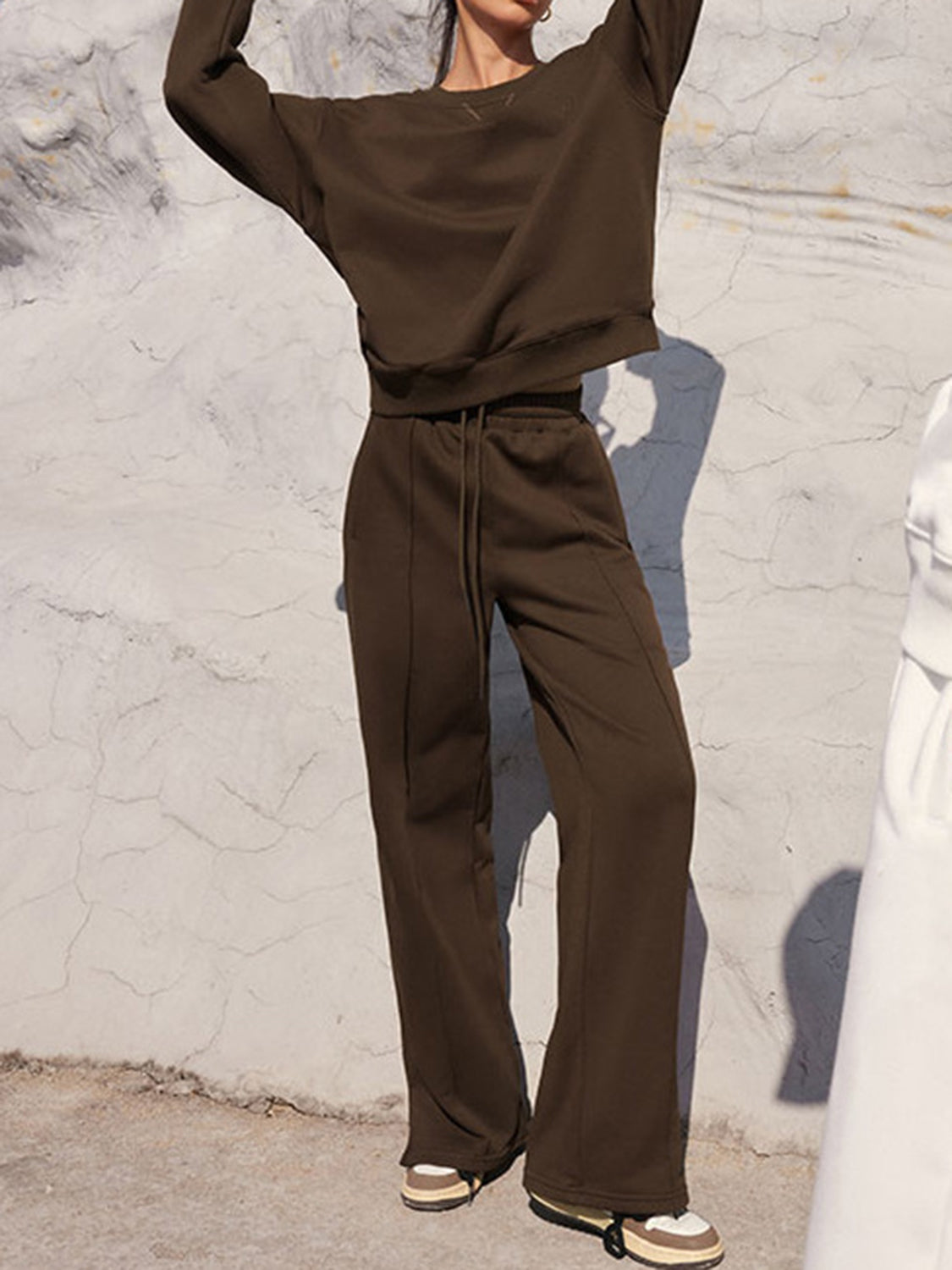 Round Neck Long Sleeve Top and Elastic Waist Pants Set Trandify Deal