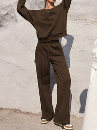 Round Neck Long Sleeve Top and Elastic Waist Pants Set Trandify Deal