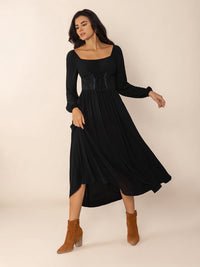 Lace-Up Square Neck Long Sleeve Midi Dress Trandify deal