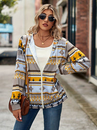 Geometric Zip Up Long Sleeve Hooded Jacket Trandify Deal