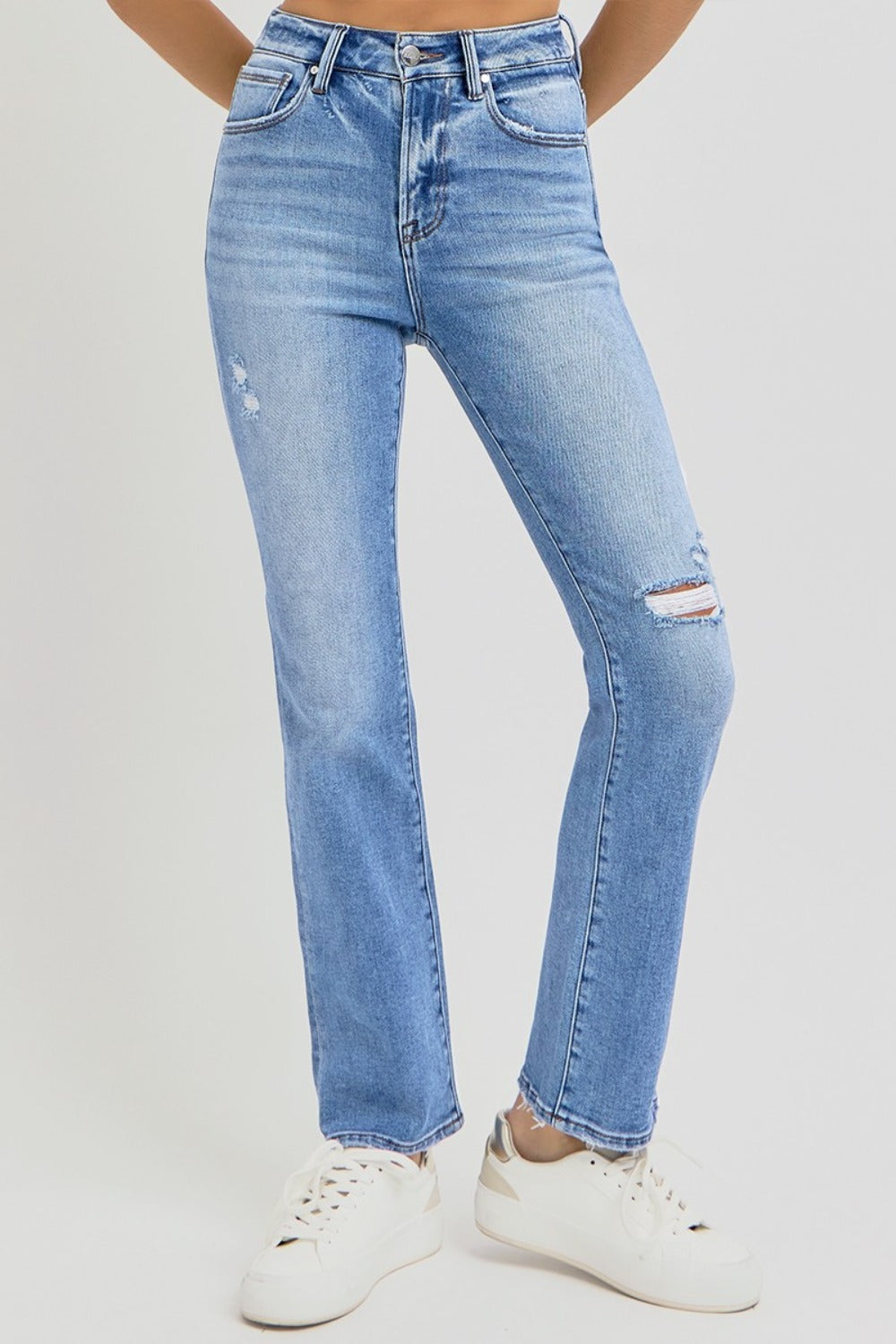 RISEN Full Size Distressed High-Rise Ankle Straight Jeans Trandify Deal