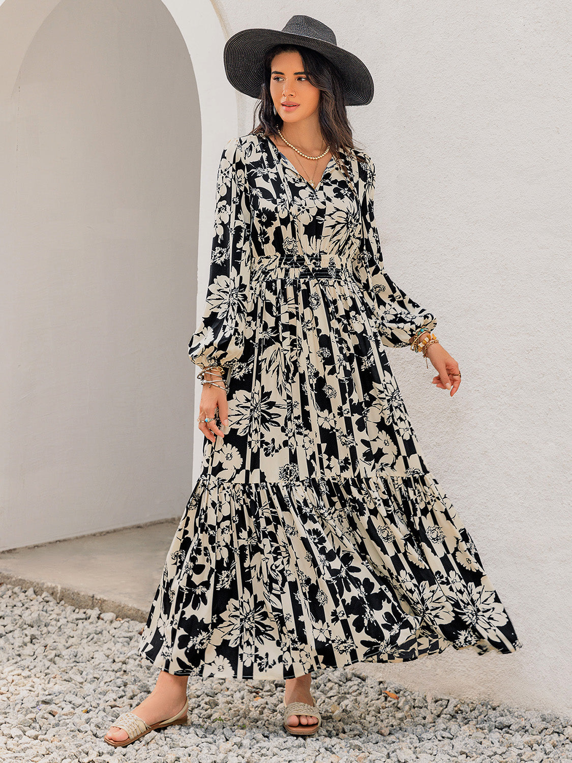 Smocked Printed Tie Neck Long Sleeve Dress Trandify Deal