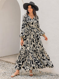 Smocked Printed Tie Neck Long Sleeve Dress Trandify Deal