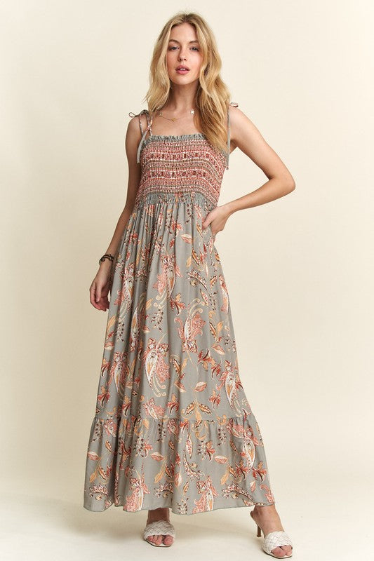 ADORA Smocked Printed Square Neck Tie Shoulder Cami Dress Trandify Deal