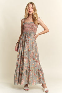 ADORA Smocked Printed Square Neck Tie Shoulder Cami Dress Trandify Deal