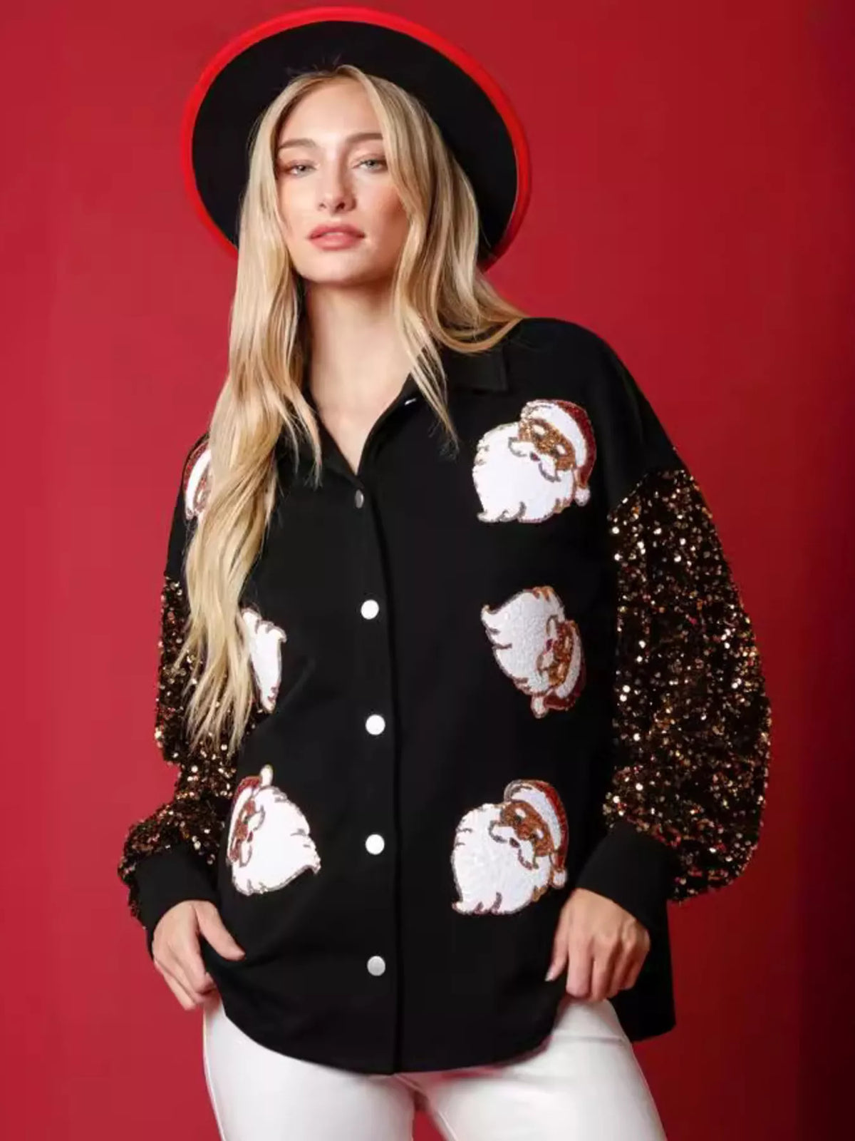 Women's Santa Christmas Sequin Shirt - Front view showing red sequin Santa design on a black long-sleeve top for holiday parties