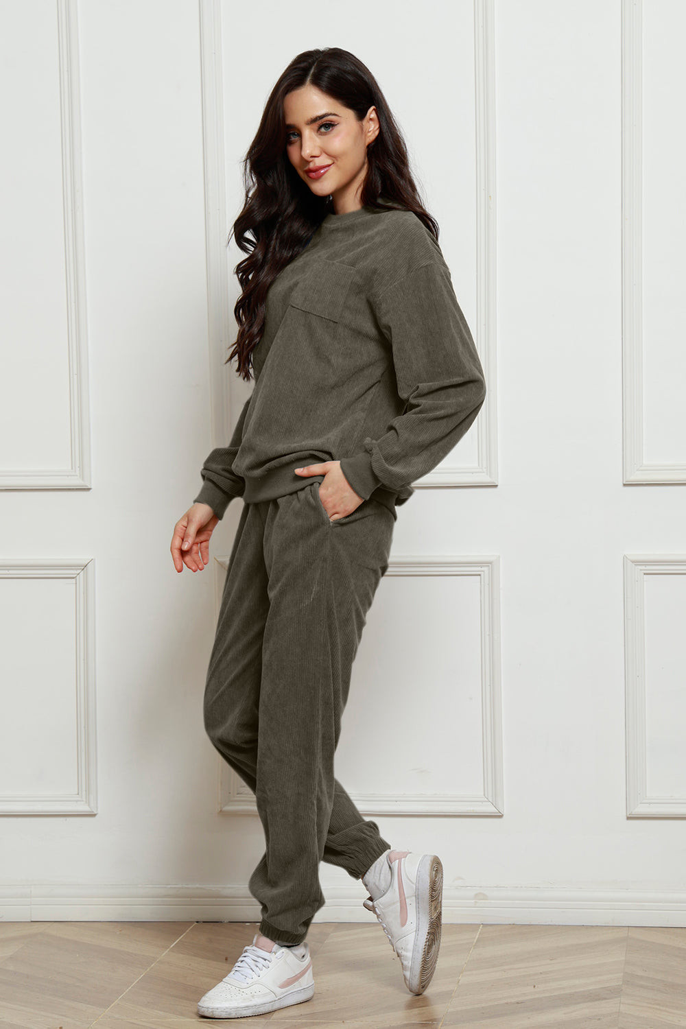 Corduroy Round Neck Sweatshirt and Sweatpants Set Trandify Deal