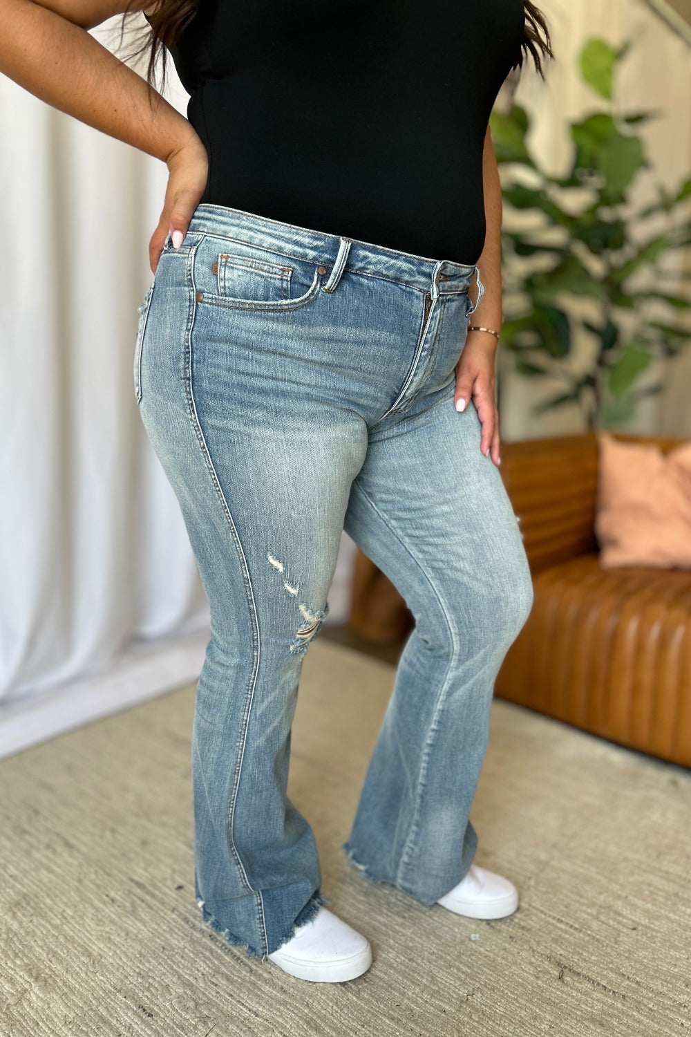 Judy Blue Full Size Medium Rise Tummy Control Destroy Flare Trandify Deal