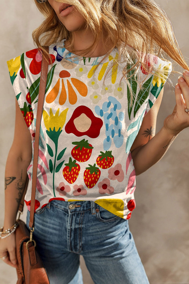 Printed Round Neck Cap Sleeve T-Shirt Trandify deal