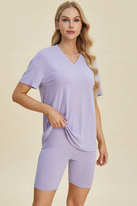 Basic Bae Full Size Ribbed V-Neck Short Sleeve Top and Shorts Set Trandify deal