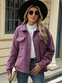 Plaid Collared Neck Long Sleeve Jacket Trandify Deal