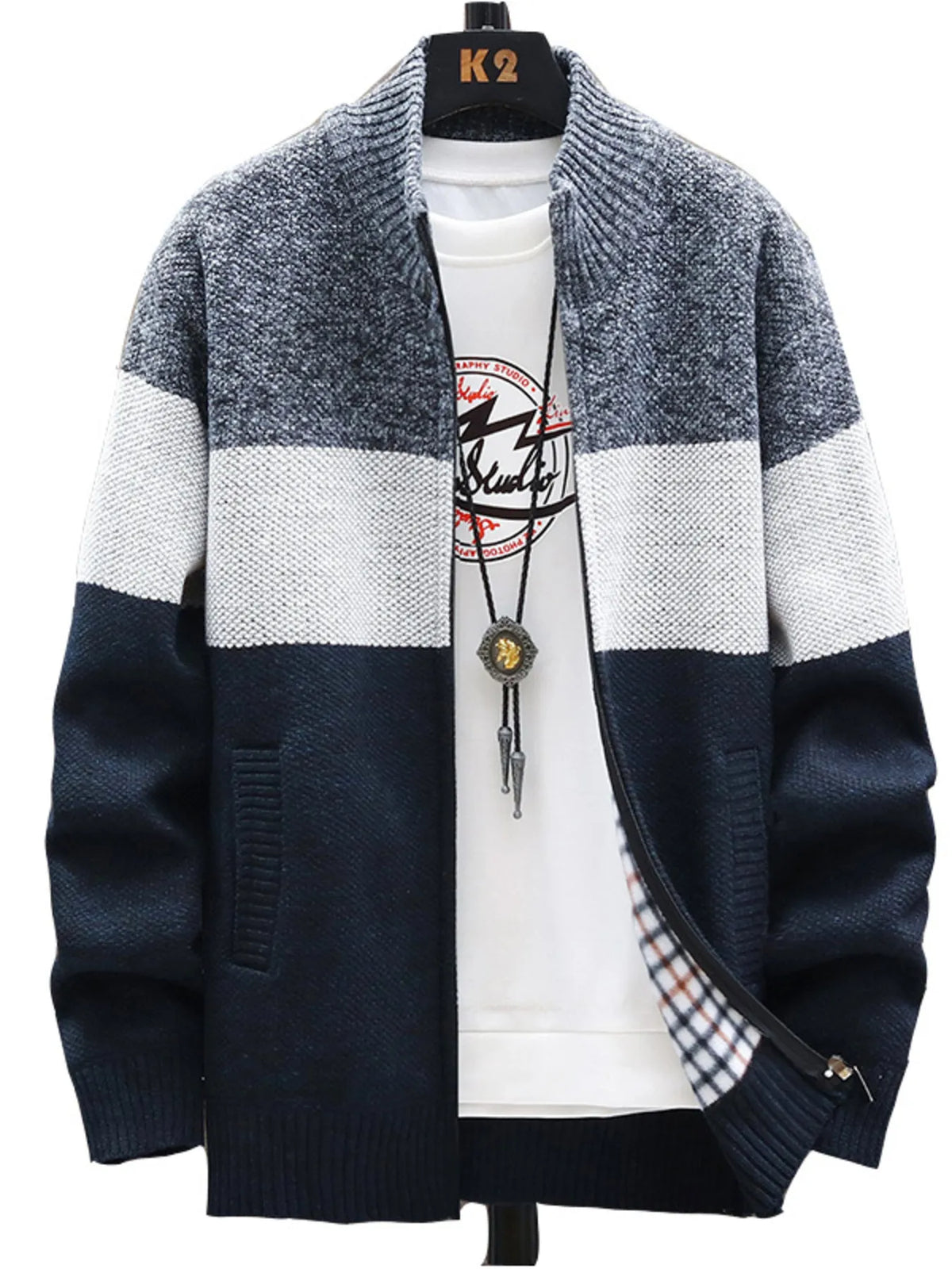 Men's Plus Size Color Block Zip-Up Cardigan – Trendy Sweater for Big & Tall