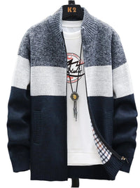 Men's Plus Size Color Block Zip-Up Cardigan – Trendy Sweater for Big & Tall
