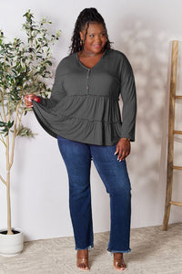 Double Take Half Button Long Sleeve Ruffle Hem Blouse Trandify Deal