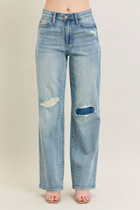 Judy Blue Destroyed Knee Patch Jeans women's straight leg destroyed detail denim