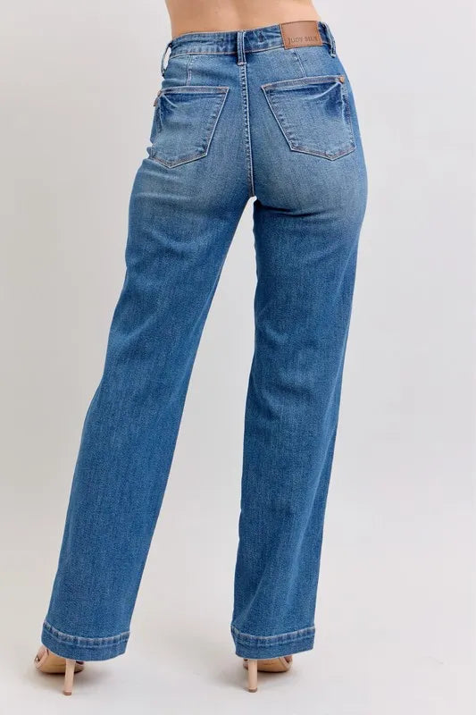 Judy Blue High Waist Straight Leg Jeans with contrast white thread detail