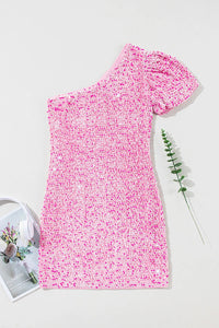 Sequin Single Shoulder Short Sleeve Mini Dress Trandify Deal