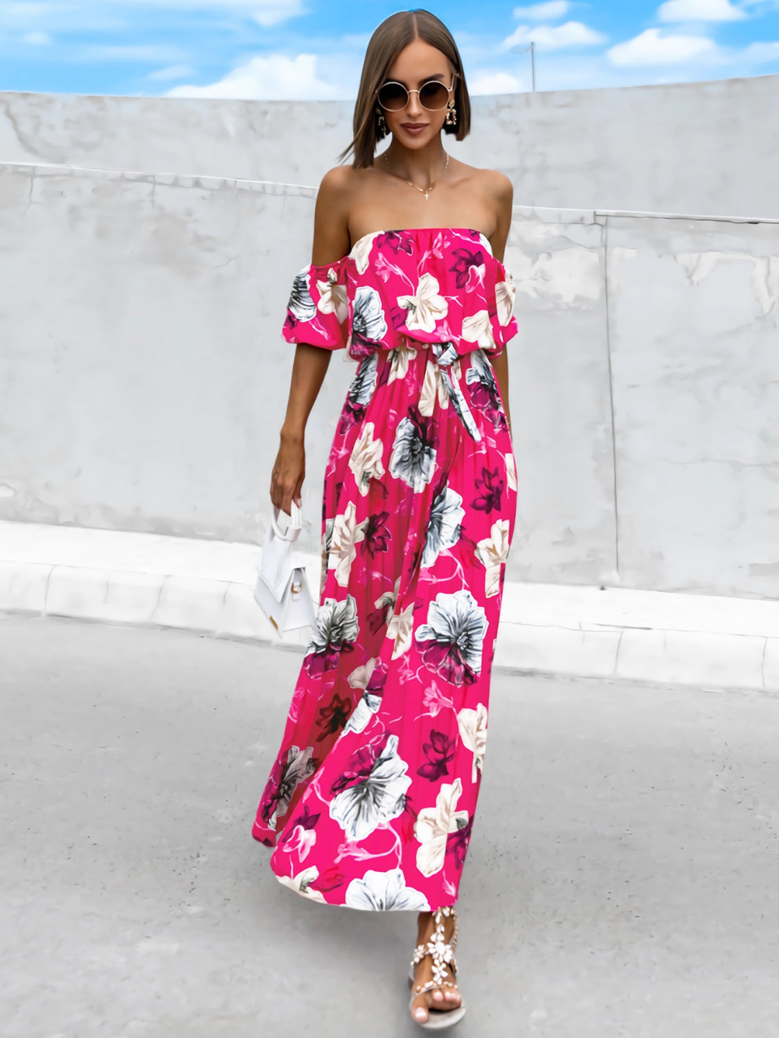 Pleated Floral Off-Shoulder Short Sleeve Midi Dress Trandify deal