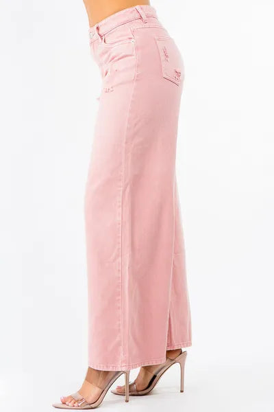 Trendy Distressed Denim Wide Leg Jeans – High Waist Comfort Fit