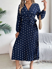 Tied Polka Dot Long Sleeve Midi Dress Trandify deal
