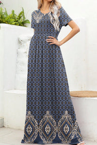 Printed Round Neck Short Sleeve Maxi Dress Trandify deal