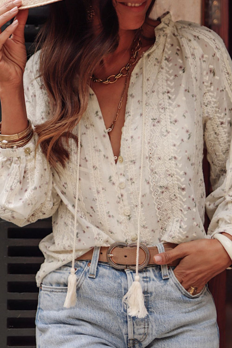 Frill Lace Detail Printed Tie Neck Long Sleeve Blouse Trandify Deal