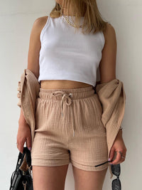 Texture Button Up Shirt and Drawstring Shorts Set Trandify deal