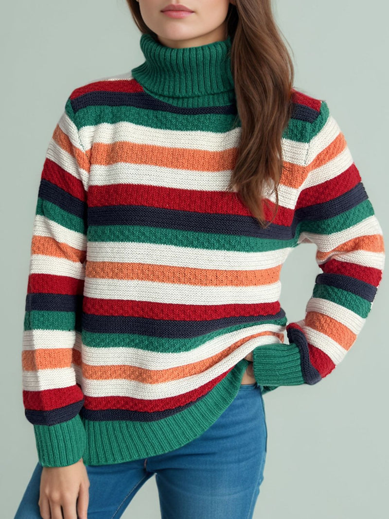 Contrast Stripes Turtleneck Long Sleeve Sweater Trandify Deal