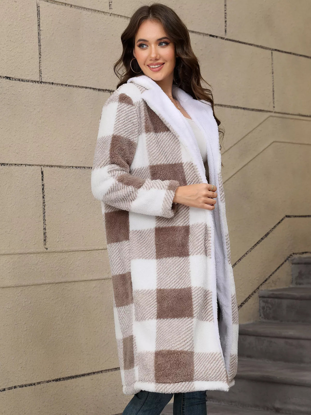 Cozy Plaid Fleece Longline Winter Coat for Women