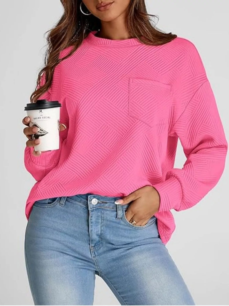 Drop Shoulder Sweatshirt - Women's Textured Knit Casual Top