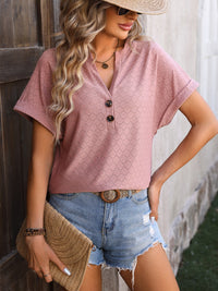 Mandy Eyelet Notched Short Sleeve T-Shirt Trandify deal